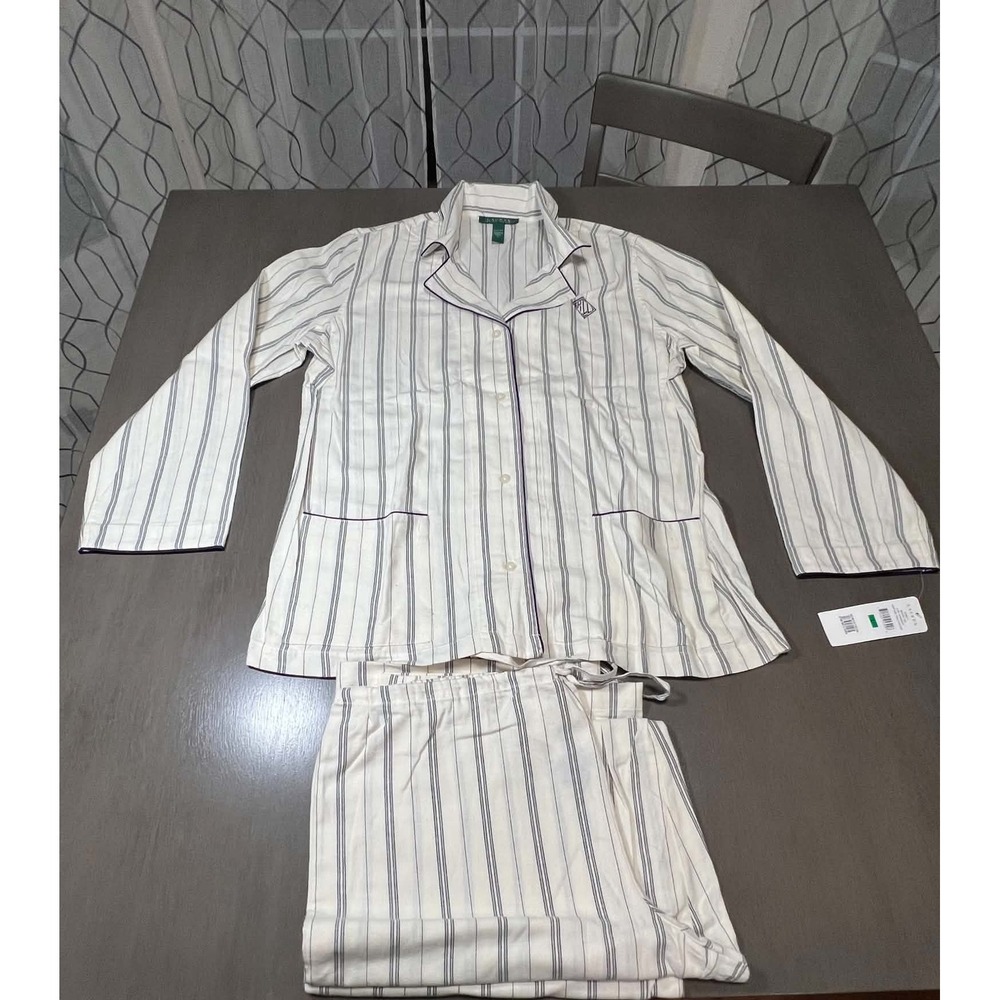 Lauren Ralph Lauren Pajama Set Womens Large White Blue Striped Cotton 2pc NWT